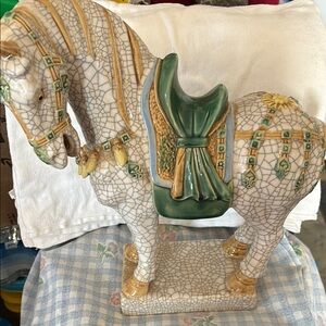 Ceramic Horse Figurine with Green and Gold Accents